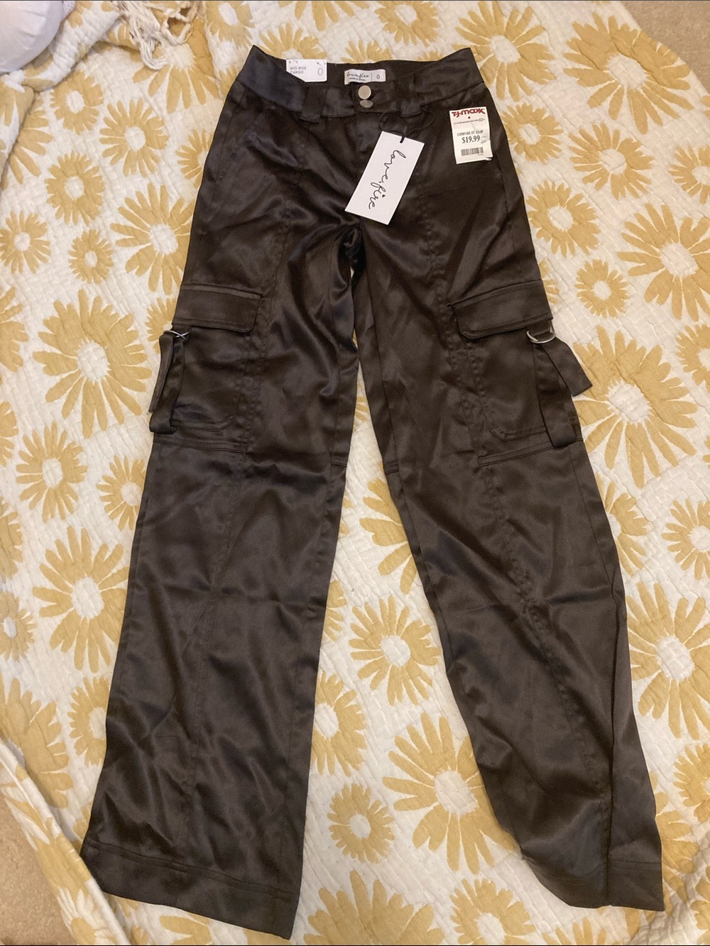 love, Fire Black Satin Cargo Pants with Flap Pockets